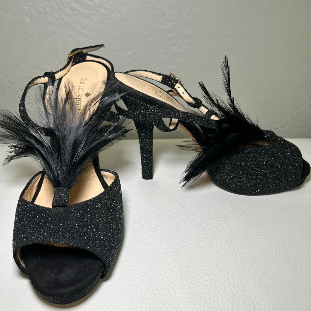 Kate‎ Spade Glitter Feather Black Open Toe Slingback Pumps Heels Size 7